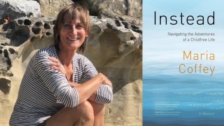 A smiling woman with a striped shirt sitting on a rock formation and the book cover with an image of the blue sea and sky