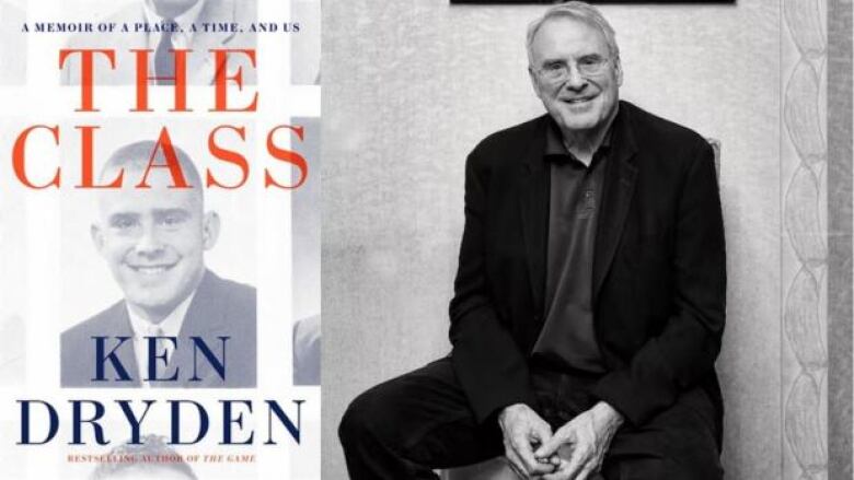 The book cover with a class photo of a smiling young man with a buzz cut wearing a suit and the author sitting on a stool wearing a black suit over a black polo shirt