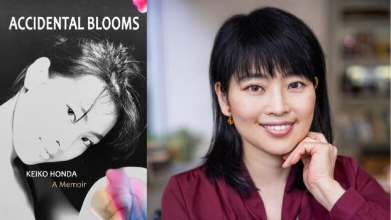 The book cover with a black and white photo of a young Asian woman with her head tilted and some colourful flowers drawn in the corners and the author an Asian woman with shoulder-length black hair wearing a burgundy blouse