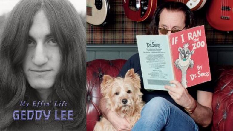 The book cover with a black and white photo of a young man with long dark hair and the author sitting on a couch with a dog and his face is hidden behind a Dr. Seuss book 