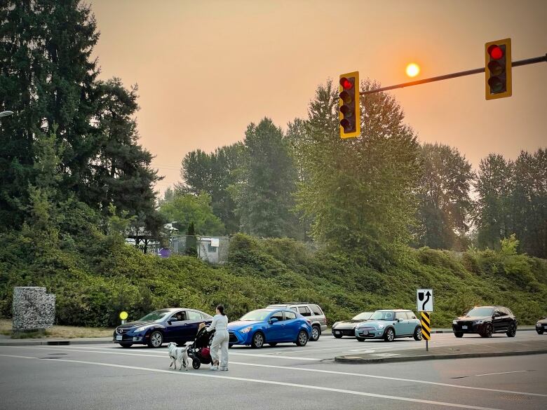 A person pushes a stroller through a crosswalk at a stop light on a busy road. The sky overhead is hazy and orange, with a red sun visible.