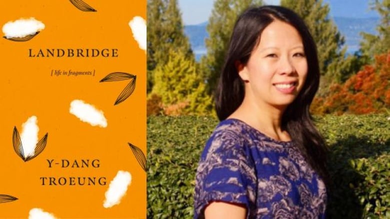 Landbridge: Life in Fragments by Y-Dang Troeung. Illustrated orange book cover with white puffs and black leaves scattered. Portrait of Cambodian female writer in blue top.