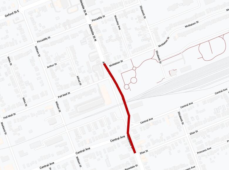 A map showing Adelaide Street North closure between McMahen and Elias Streets.