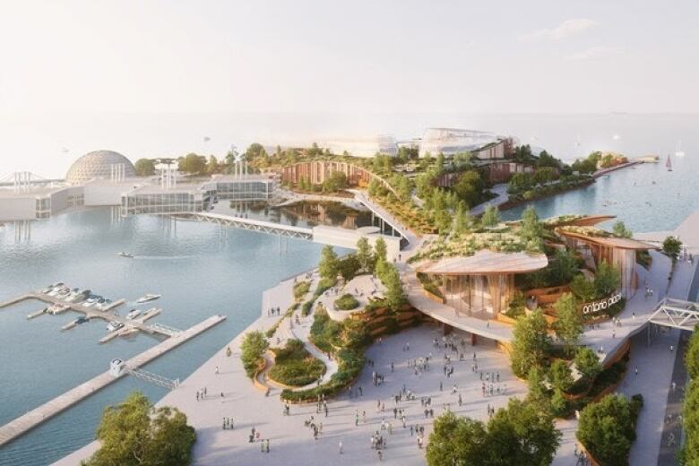 A mock up shows Therme Canada's vision for Ontario Place's West Island, including public space, green space, and a large building.