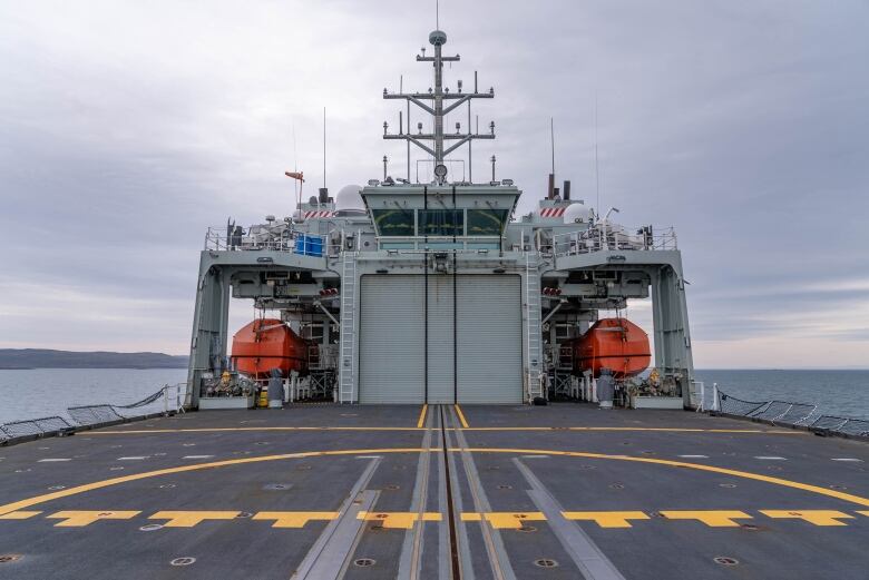 A landing pad is seen on the back of the HMCS Harry DeWolf. 