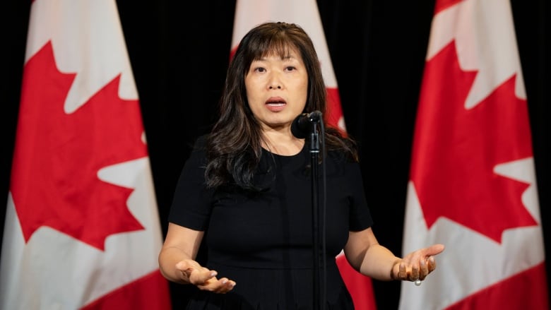 A woman in a dark dress speaks at a microphone with Canadian flags hanging in the background.