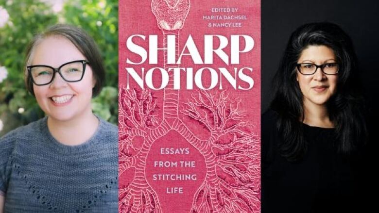 A smiling woman with short hair and glasses, the book cover with a illustration of pink lungs and another woman with long dark hair and black rimmed glasses