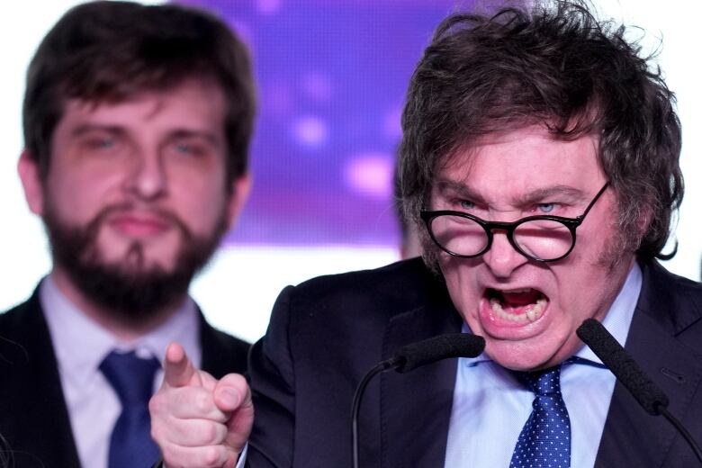 Javier Milei, presidential candidate of the Liberty Advances coalition, speaks at his campaign headquarters after polling stations closed during primary elections in Buenos Aires, Argentina, Sunday, Aug. 13, 2023.