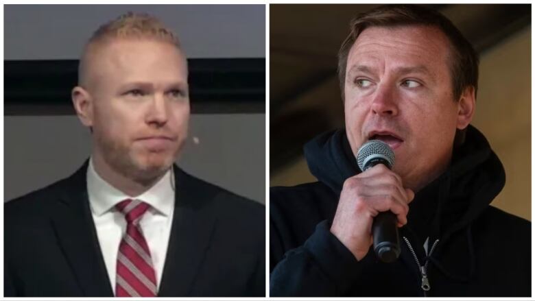 Two photos of men with microphones speaking to an audience.