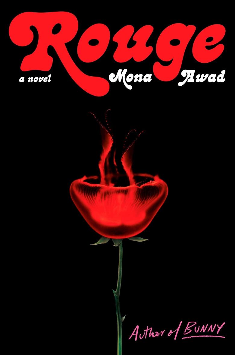 Rouge by Mona Awad. A black book cover with a rose stylized to resemble a red jellyfish.