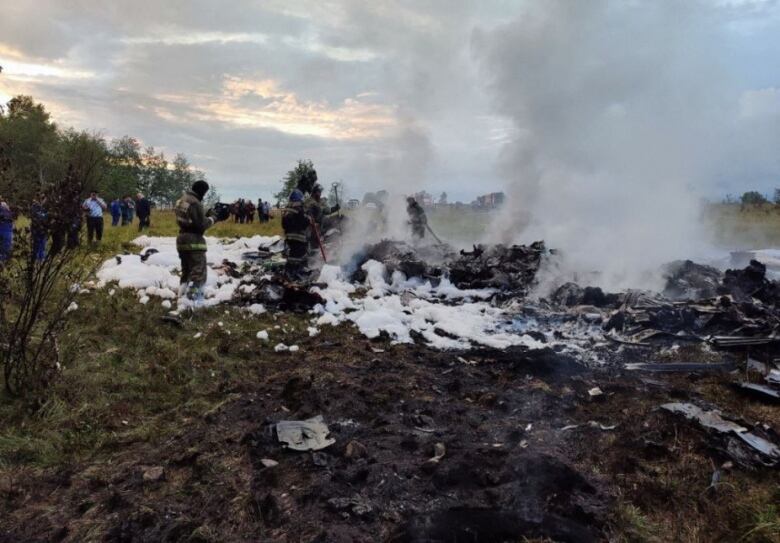 Wreckage of a plane crash that occurred in Russia's Tver region, north of Moscow, on Wednesday. Wagner mercenary chief Yevgeny Prigozhin was reportedly listed on the passenger list of the flight that crashed.