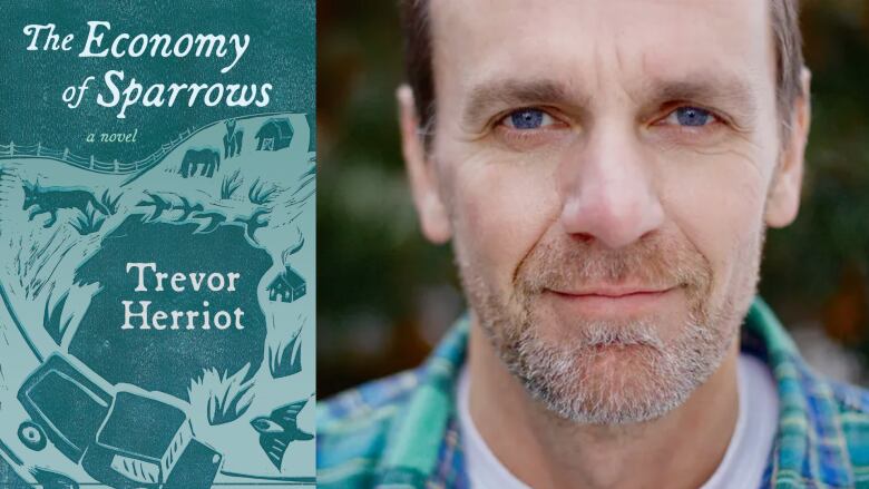 The Economy of Sparrows by Trevor Herriot. An illustrated turquoise book cover featuring a prairie farm with various animals on it. A portrait of a white man with blue eyes looking into the camera.