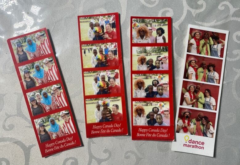 Four photo strips, three of them with a red border and one with a white border. The children in the photos wear red and white, with costumes. 