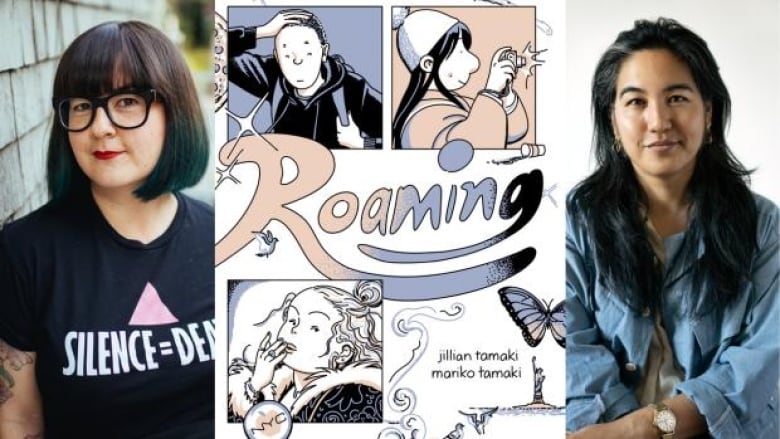 Roaming by Jillian Tamaki & Mariko Tamaki. Illustrated book cover of 3 main characters, a butterfly and the statue of liberty in the distance. Portraits of the two author-illustrators.