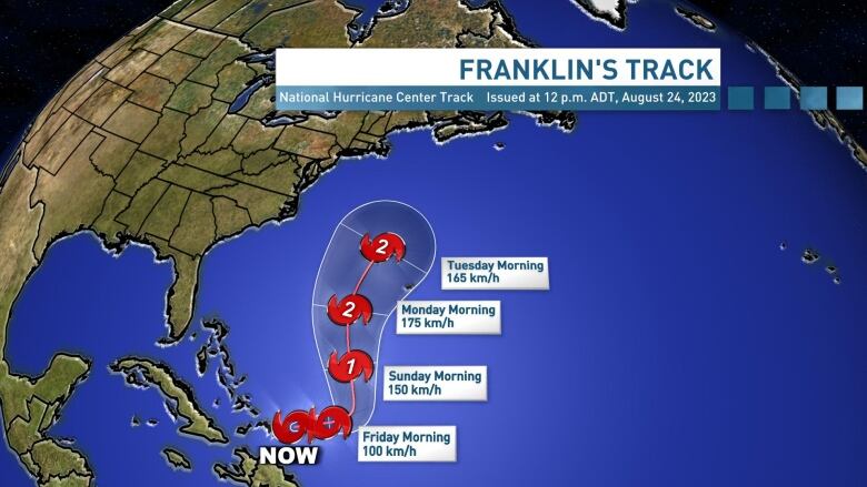 Map showing project path of tropical storm Franklin, from the Caribbean due north to the Maritimes. 