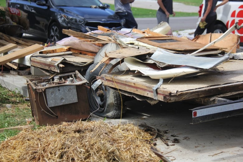 Wreckage of a trailer on wheels