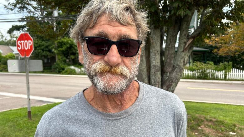 Man with a beard and sunglasses stands outside.