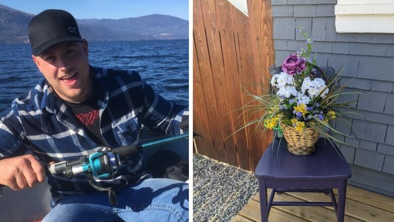 A man with ball cap, fleece shirt and jeans on the left, and a flower basket placed on a wooden chair on the right.