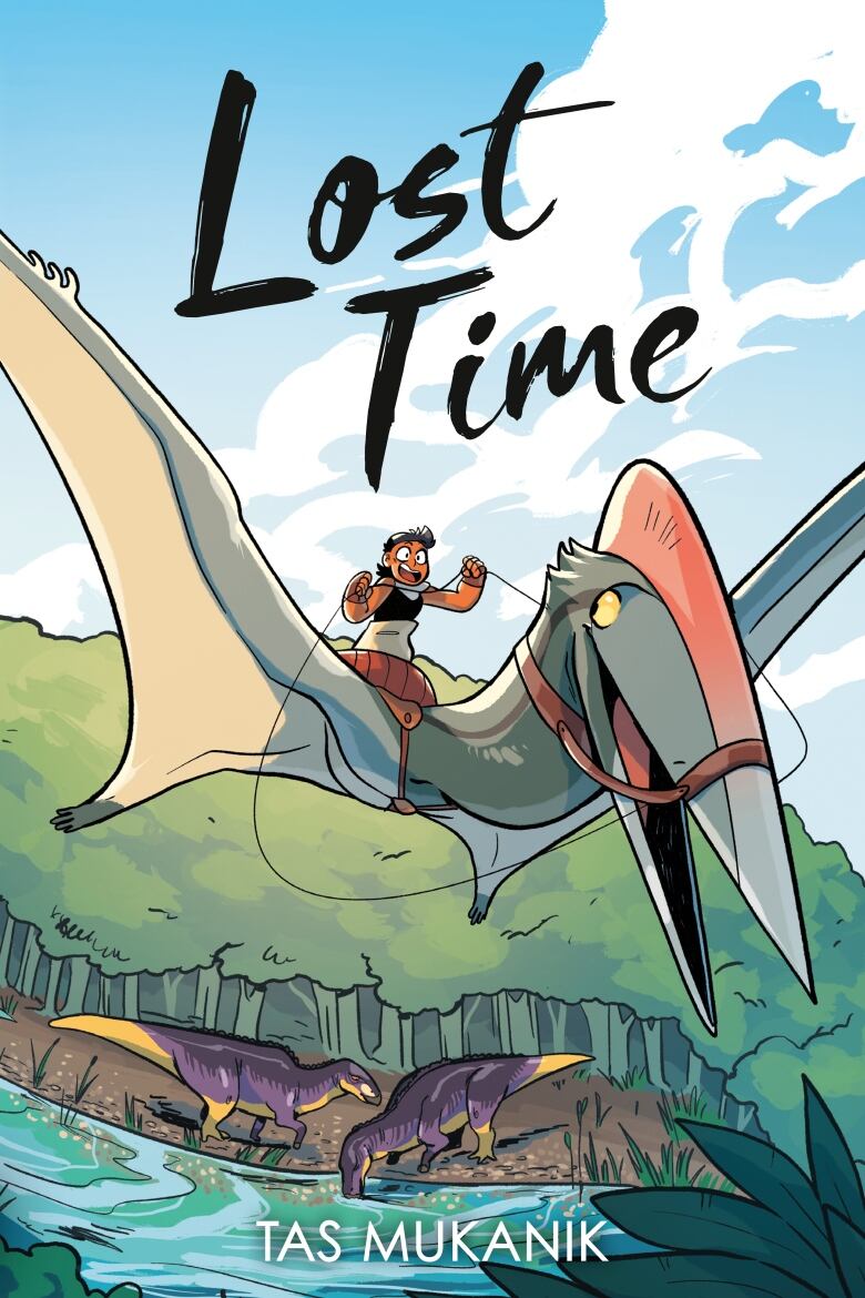 Lost Time by Tas Mukanik. Illustrated book cover of a young girl riding a velociraptor.