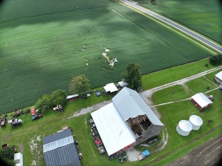 Drone footage shows damage to buildings and fields from a downburst in the Dresden area, on Marthaville Road, from Aug. 23, 2023.