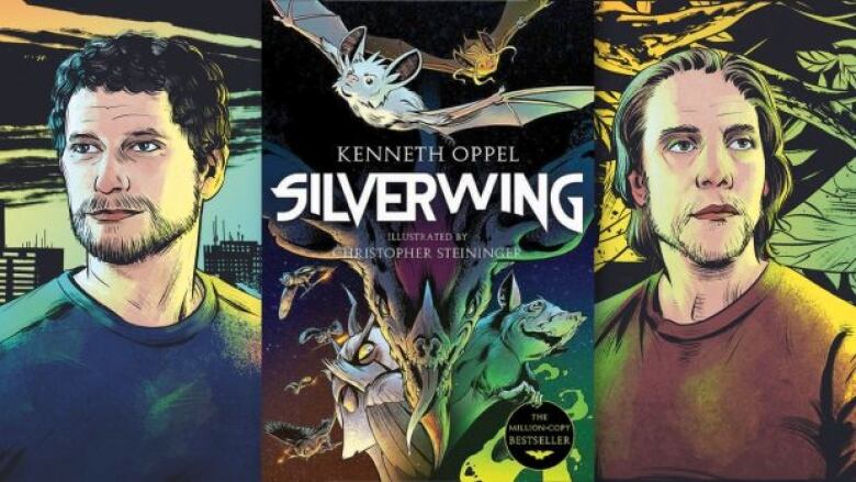 SIlverwing graphic novel by Kenneth Oppel and illustrated by Christopher Steininger. Illustrated book cover of bats a fantasy creatures flying. Illustrated comic portraits of the author and illustrator.