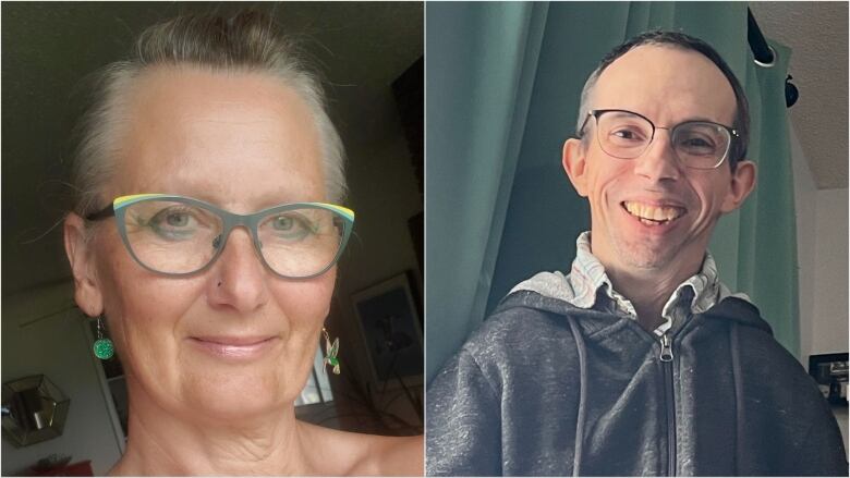 A collage: a woman's selfie to the left, a man's selfie to the right. They're both middle-aged, wearing glasses.