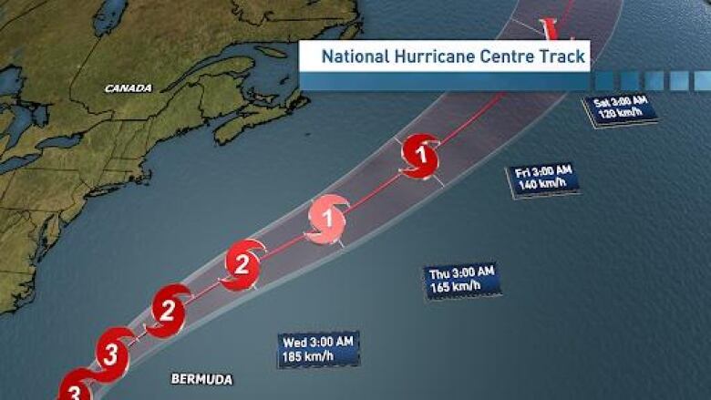 A map of the east coast of North America with graphics identifying the path of Hurricane Franklin in the Atlantic Ocean travelling north and not hitting land.