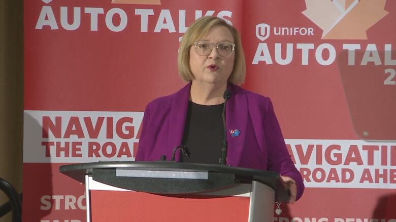 Unifor president Lana Payne announces Ford as the strike target for the 2023 auto talks in Toronto.