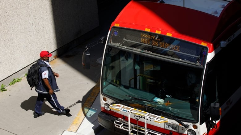 Wearing a red cap and knapsack, a bus employee walking toward a TTC bus in sunshine.