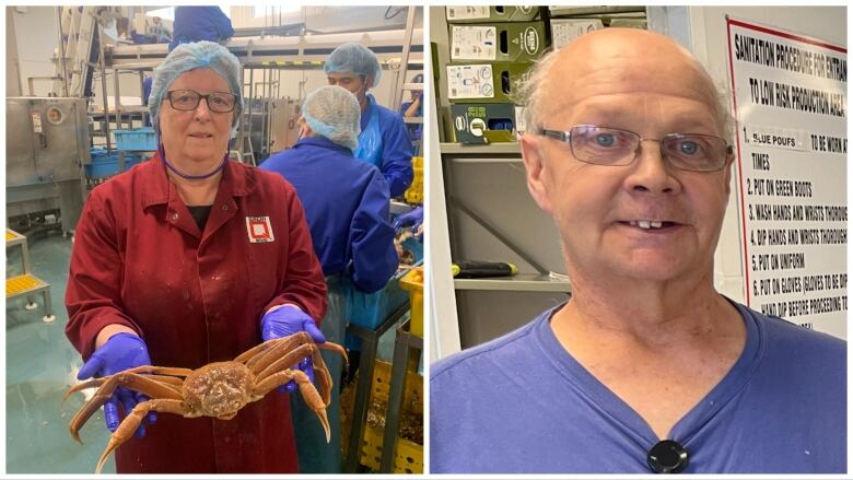 A collage of two photos. On the left, a woman wearing a hairnet and jumpsuit holds a snow crab. On the right, a man wearing glasses smiles. 