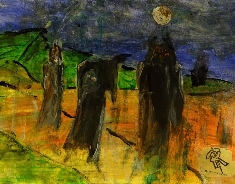 Artwork showing three black ghosts hovering over an orange, yellow and green field at night with a moon in the sky