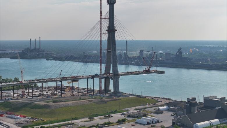 Crews work on the Canadian side of the Gordie Howe International Bridge in July