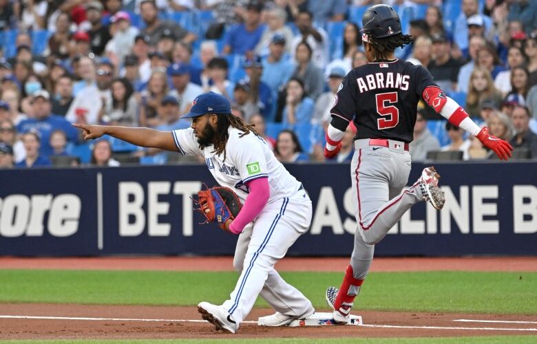 Blue Jays star Vladimir Guerrero Jr. reacts to a fielding play by a teammate, during a recent game at Toronto's Rogers Centre.