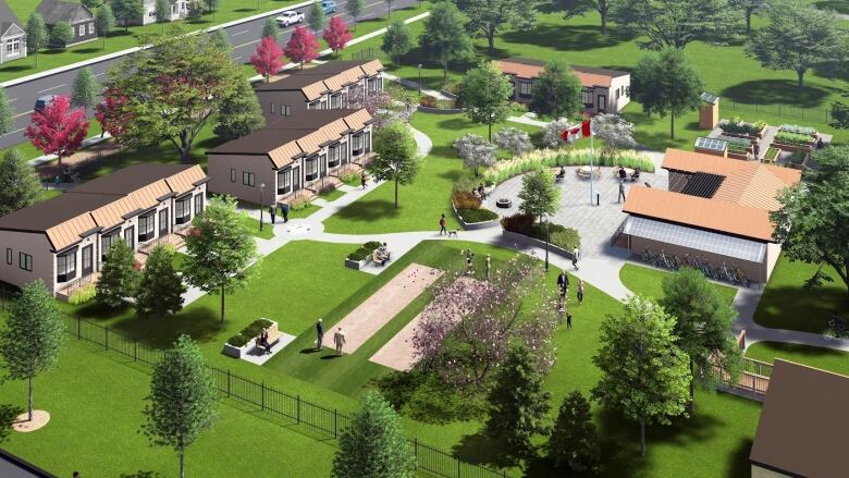 A rendering of the Homes for Heroes Kingston site, showing 20 units spread around a compound with a centre building.