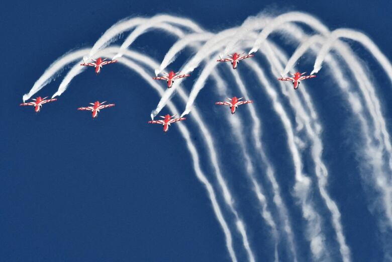 An aerobatic team of eight performing at an air show in India.