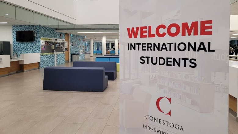 International students welcome sign in the Conestoga College, downtown Kitchener campus. 