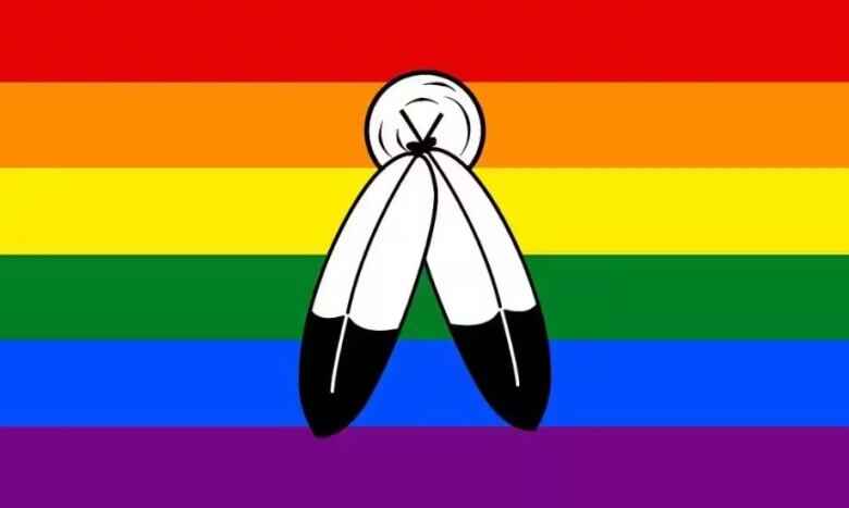 A rainbow flag with two black and white feathers in the middle.