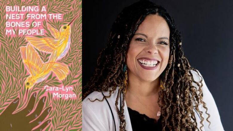 Building a Nest from the Bones of My People by Cara-Lyn Morgan. Illustrated book cover of two yellow hummingbirds surrounded by green leaves and a dark brown colour hand reaching towards the birds. Portrait of a Metis and Trinidadian female writer wearing a black shirt and white cardigan.