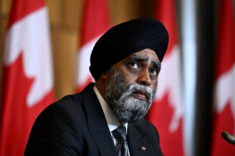 A man with a beard sits at a desk with a microphone. Canadian flags are standing in the background.