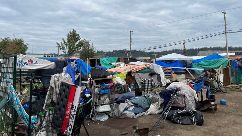 Tarps cover a number of makeshift structures.