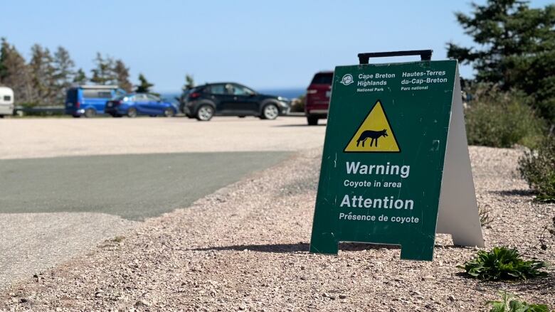 A sign warns about coyotes in the area.