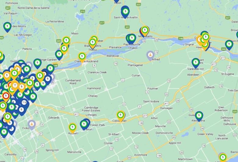 Map of EV charging stations in eastern Ontario.