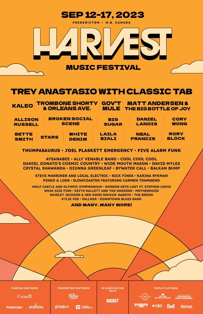 A post in various shades of orange that looks like a rising sun for the Harvest Music Festival. With dates Sept. 12-17, 2023 at the top in black text. List of the many acts in black text on the poster.