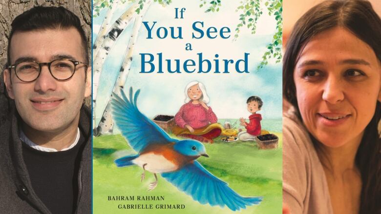 A man with glasses looks at the camera. A boy and his grandmother look at a bluebird that flies by. A woman with long black hair looks to the left. 