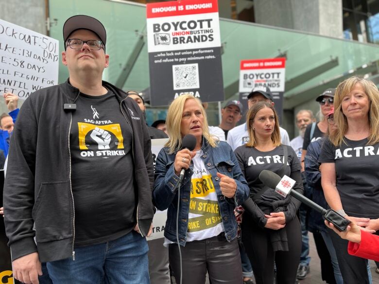 Duncan Crabtree-Ireland, chief SAG-AFTRA negotiator; Patricia Arquette, Oscar-winning American actress; Eleanor Noble, president of ACTRA; and Marie Kelly, ACTRA national executive director.