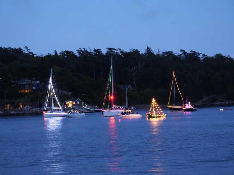 four boats strung up with holiday lights in the dark.