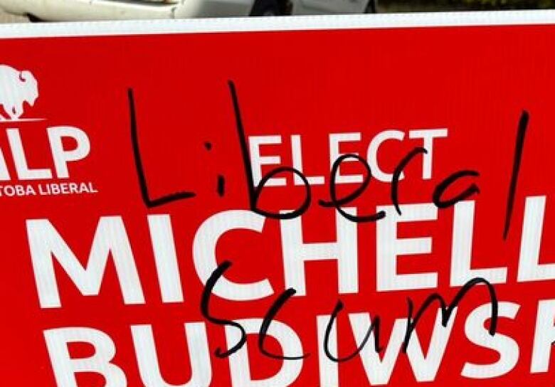 A defaced election sign reading 