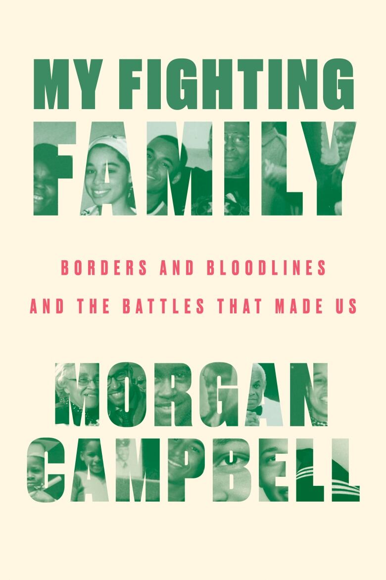 My Fighting Family by Morgan Campbell. A cream coloured book cover with green lettering.