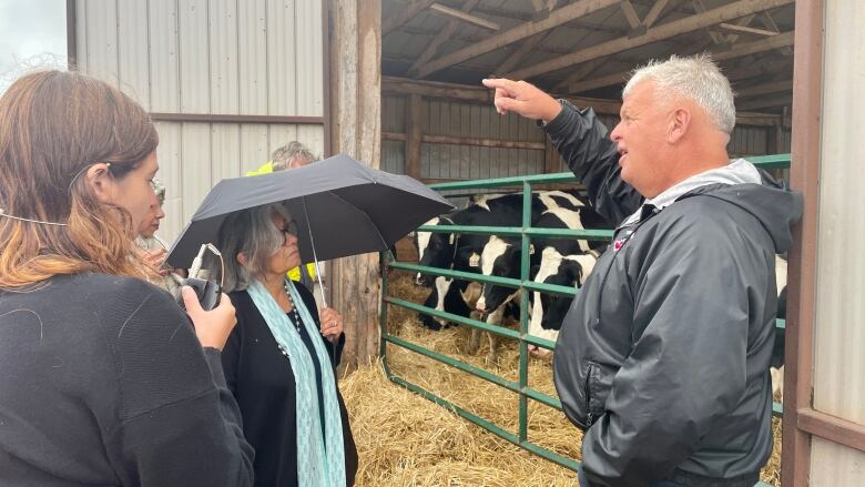 Tiny Acres Holsteins owner Wade Bryanton  points while speaking with senator Ratna Omidvar in front of dairy cows.