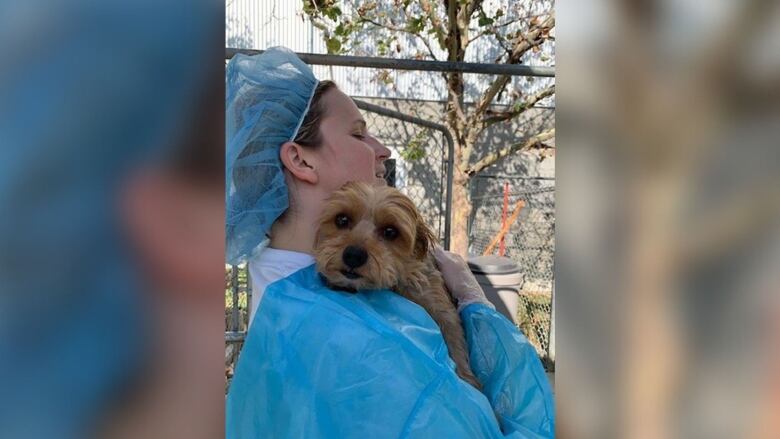 A person wearing blue scrubs holds a brown dog to their chest.